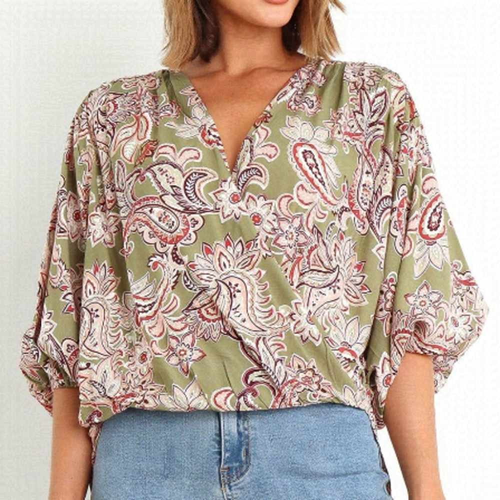 Petal & Pup Women Rayon Overlay Olive Paisley Top Kendra, size S/M NWT